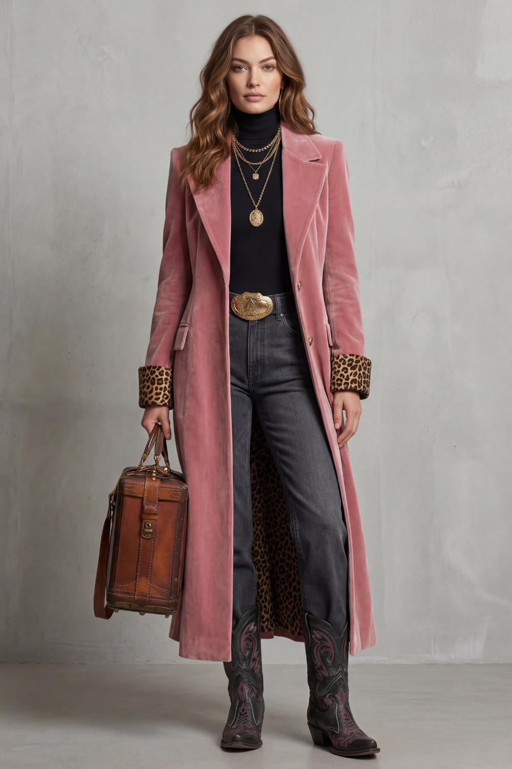 Women's Long Coat with Leopard-Print Velvet Lining – Stylish Layering, Chic Outfits