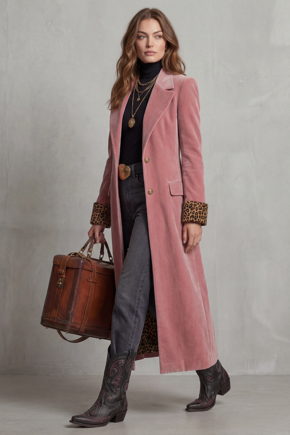 Women's Long Coat with Leopard-Print Velvet Lining – Stylish Layering, Chic Outfits