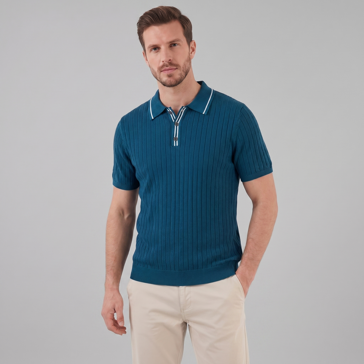 Men's Knit Polo Shirt with Contrast Collar - Casual Wear for Everyday Comfort
