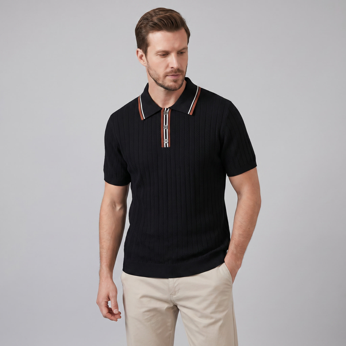 Men's Knit Polo Shirt with Contrast Collar - Casual Wear for Everyday Comfort