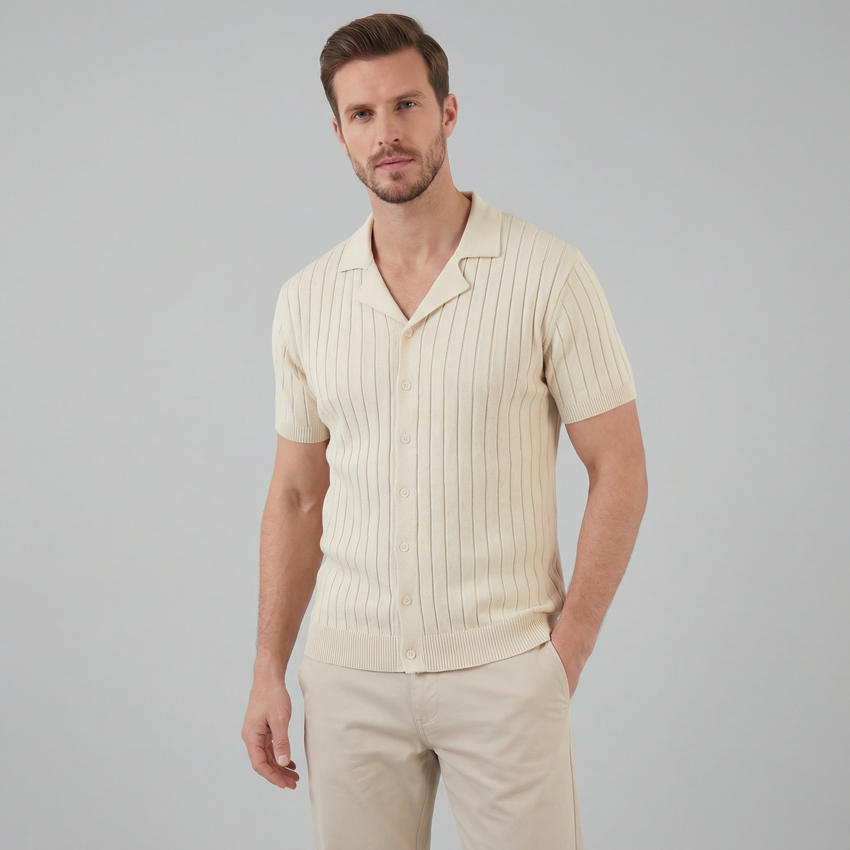 Men's Knitted Short Sleeve Shirt - Casual Cotton Blend for Everyday Wear