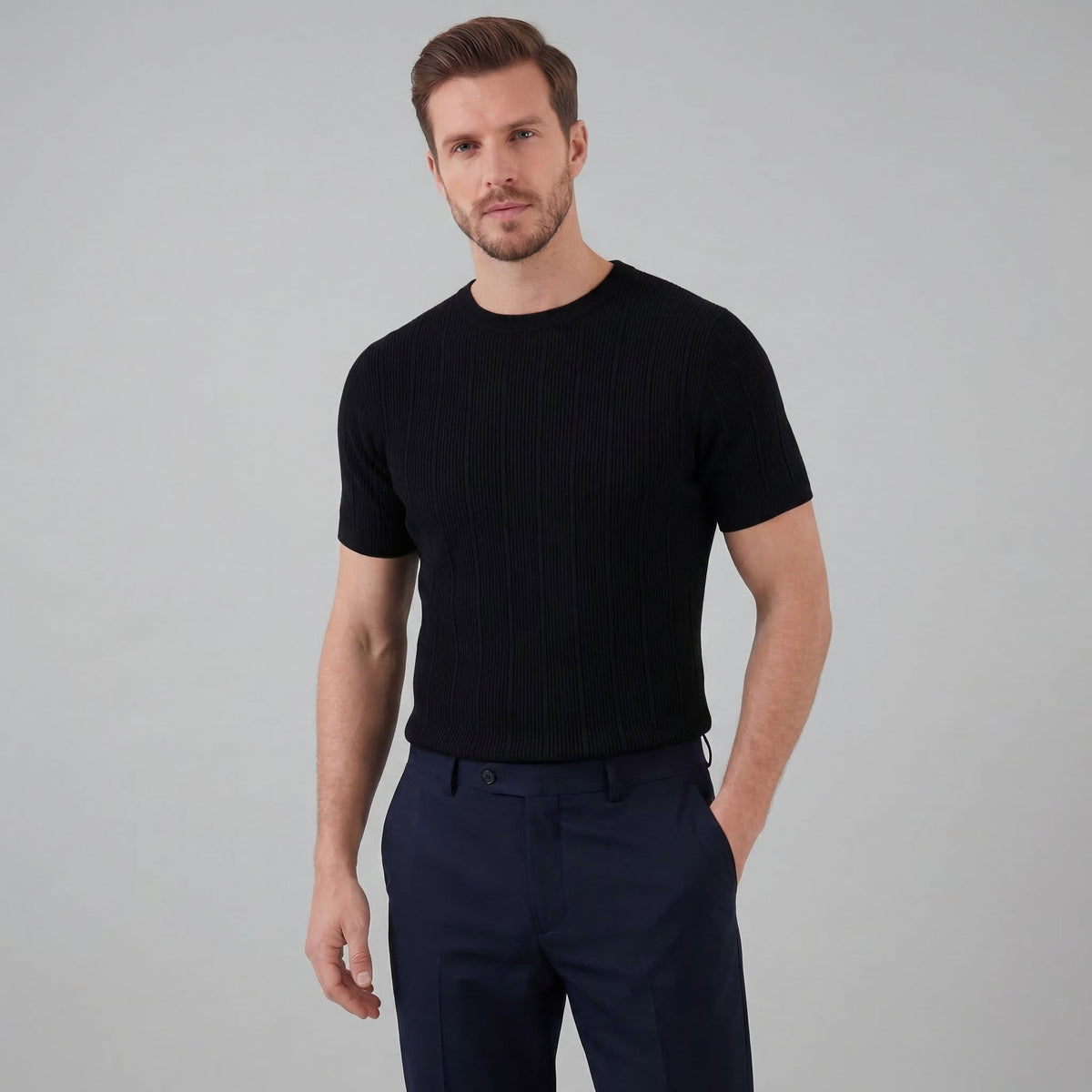 Men's Rib Knit Cotton T-Shirt - Casual Short Sleeve Top for Everyday Wear