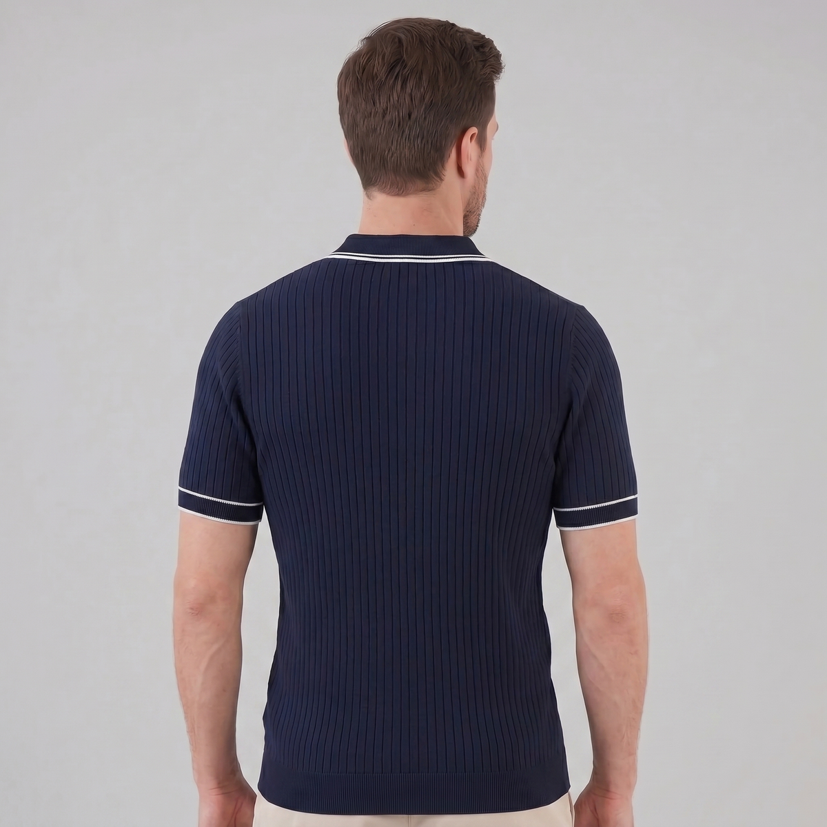 Men's Ribbed Knit Polo Shirt with Contrast Trim for Casual Wear