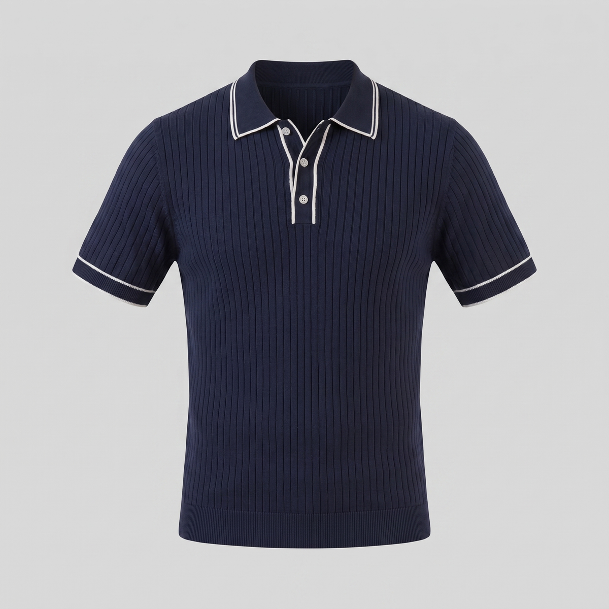 Men's Ribbed Knit Polo Shirt with Contrast Trim for Casual Wear