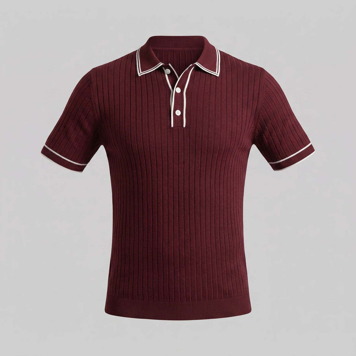Men's Ribbed Knit Polo Shirt with Contrast Trim for Casual Wear