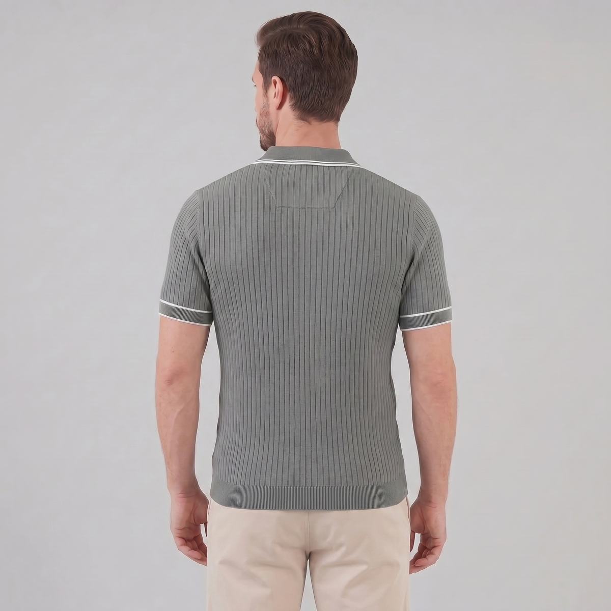 Men's Ribbed Knit Polo Shirt with Contrast Trim for Casual Wear