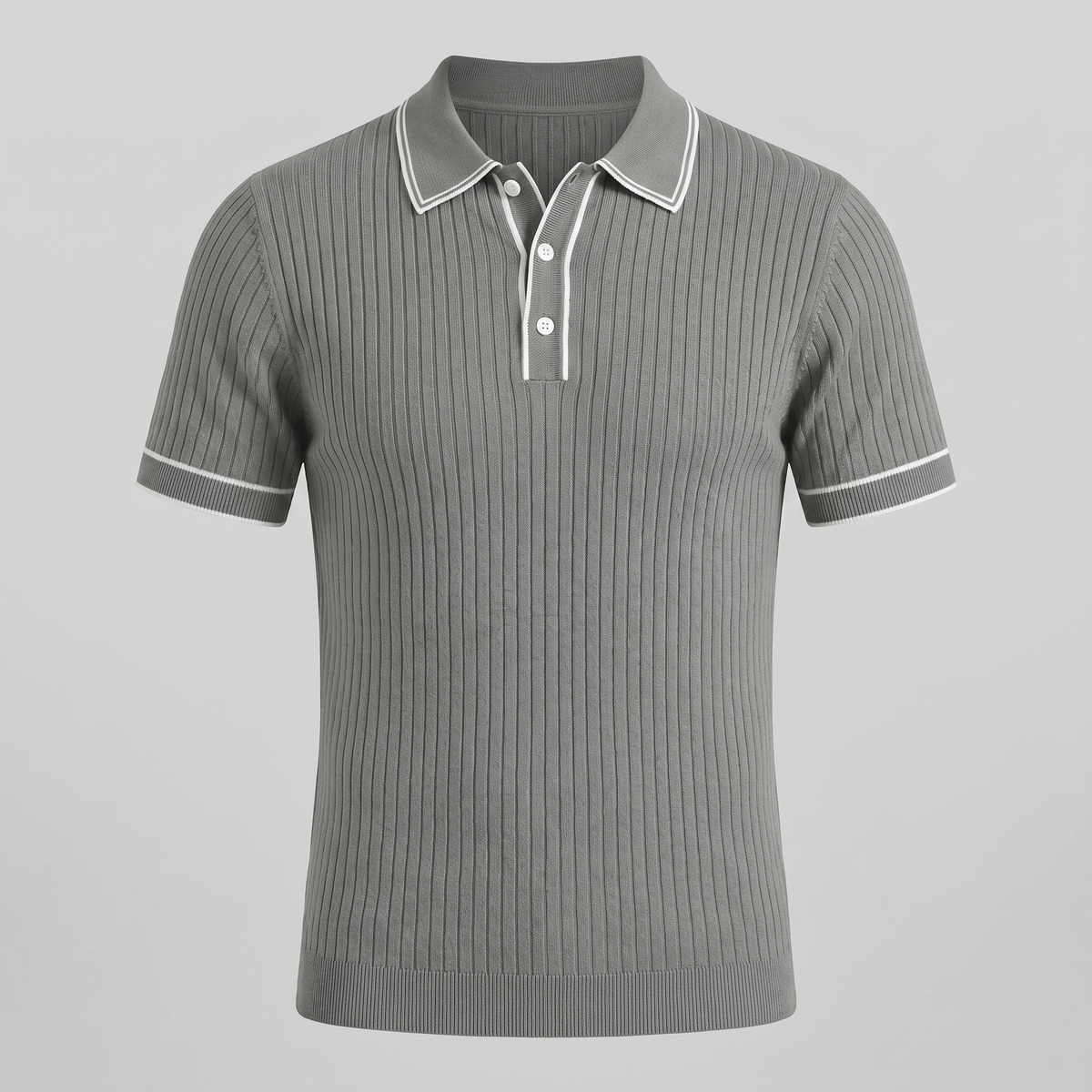 Men's Ribbed Knit Polo Shirt with Contrast Trim for Casual Wear