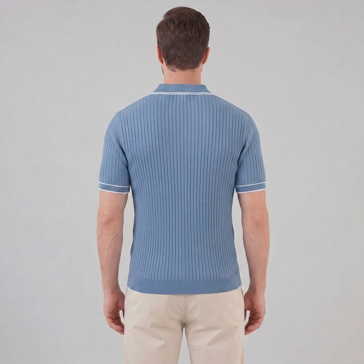 Men's Ribbed Knit Polo Shirt with Contrast Trim for Casual Wear