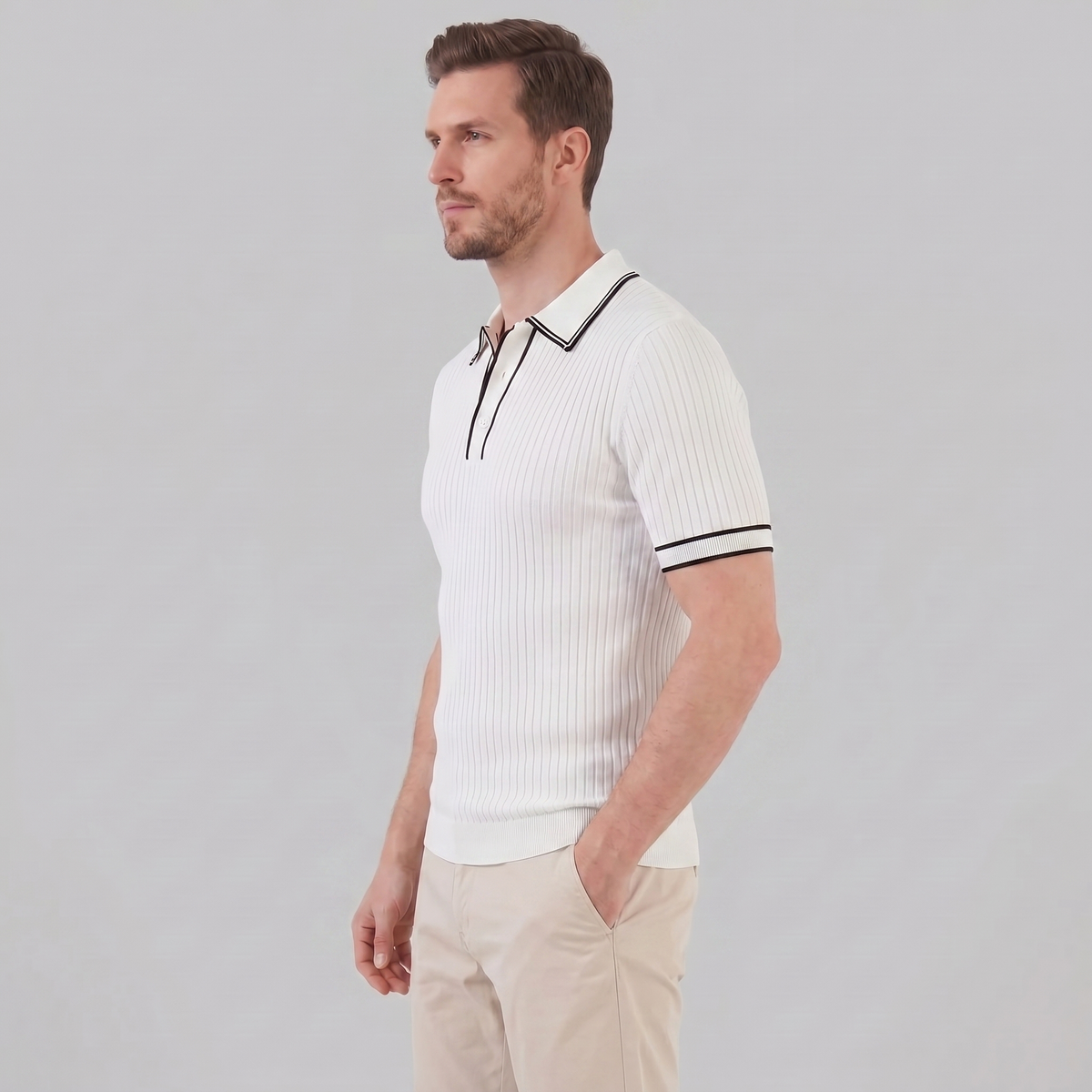 Men's Ribbed Knit Polo Shirt with Contrast Trim for Casual Wear