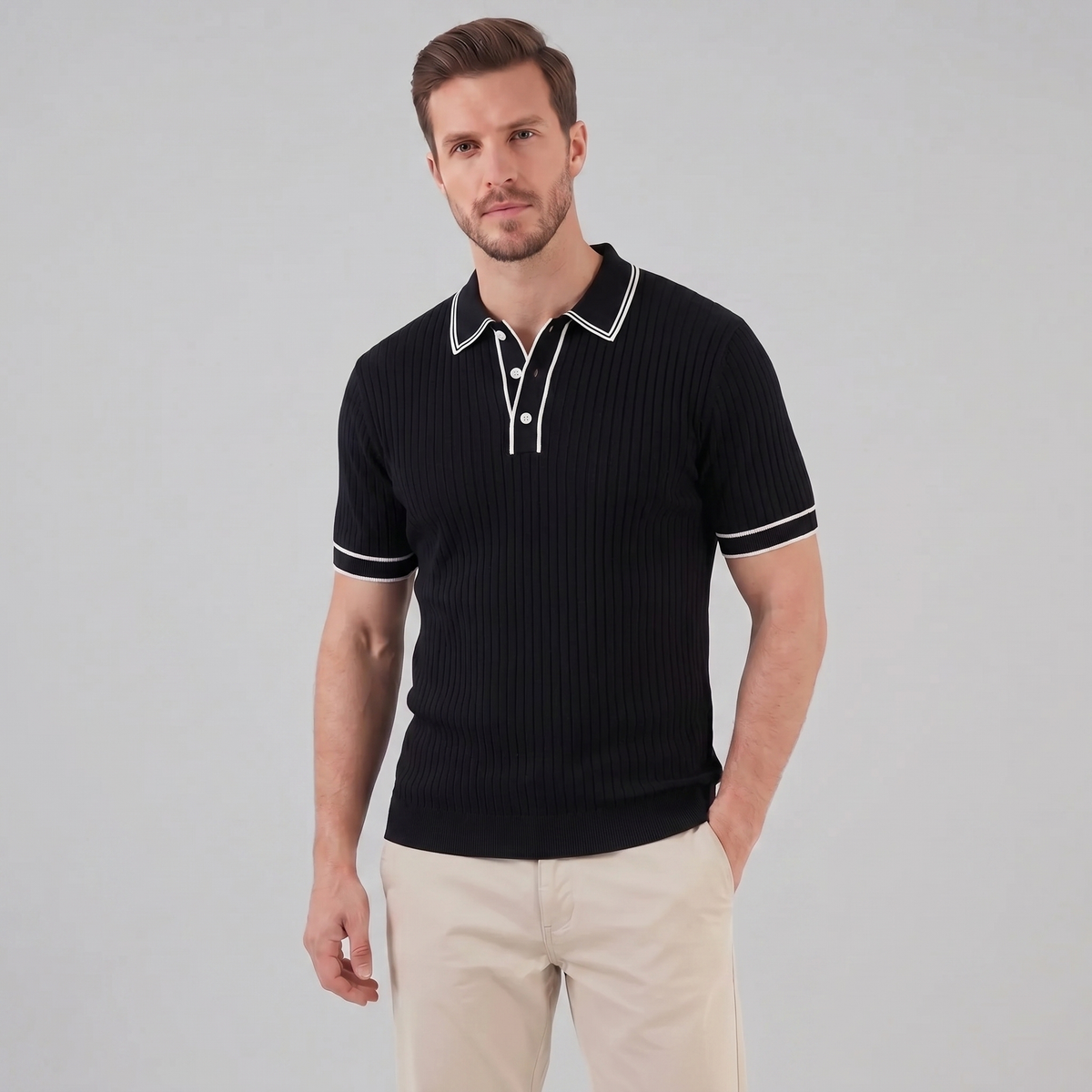 Men's Ribbed Knit Polo Shirt with Contrast Trim for Casual Wear
