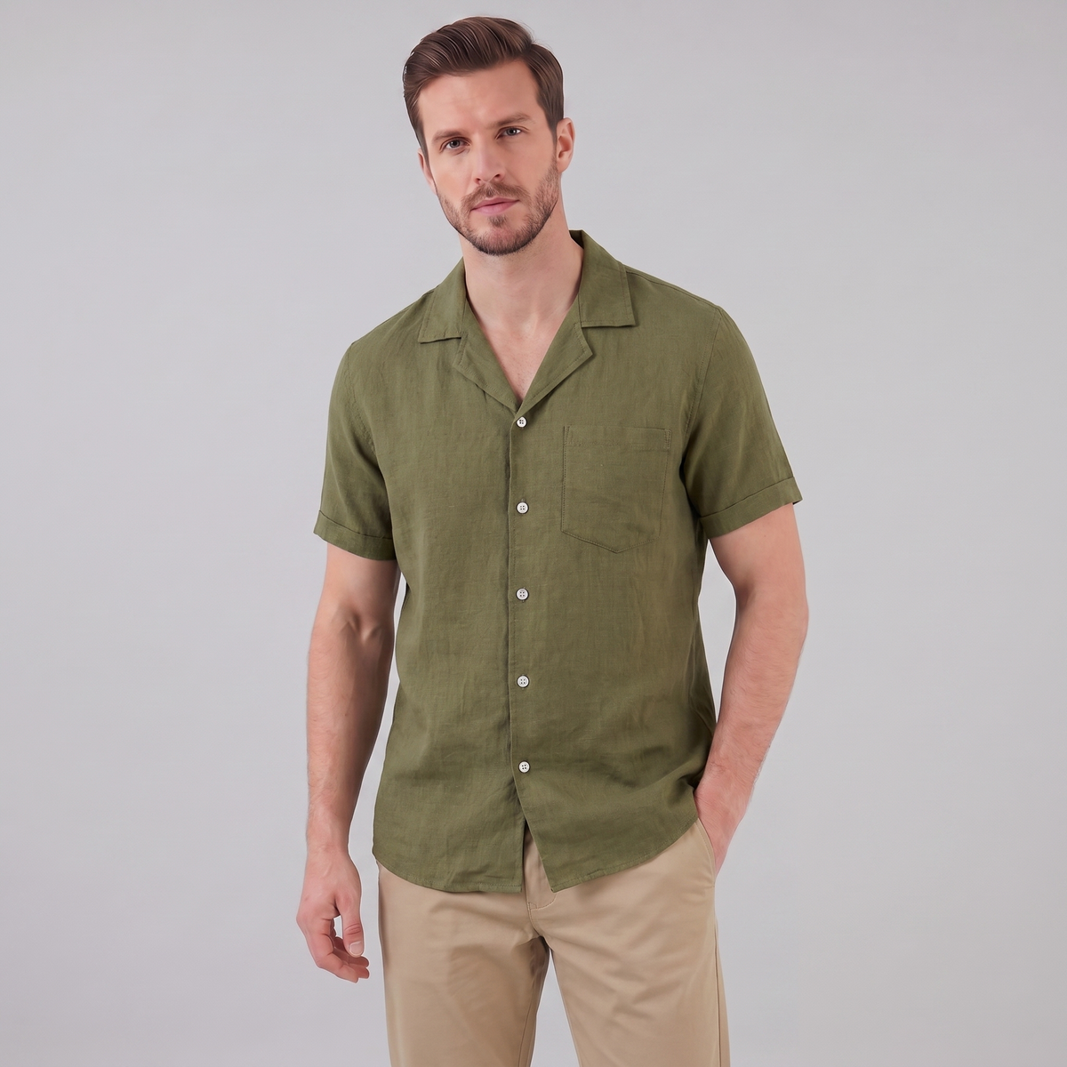 Men's Short-Sleeve Camp Collar Shirt - Lightweight Cotton for Casual Wear