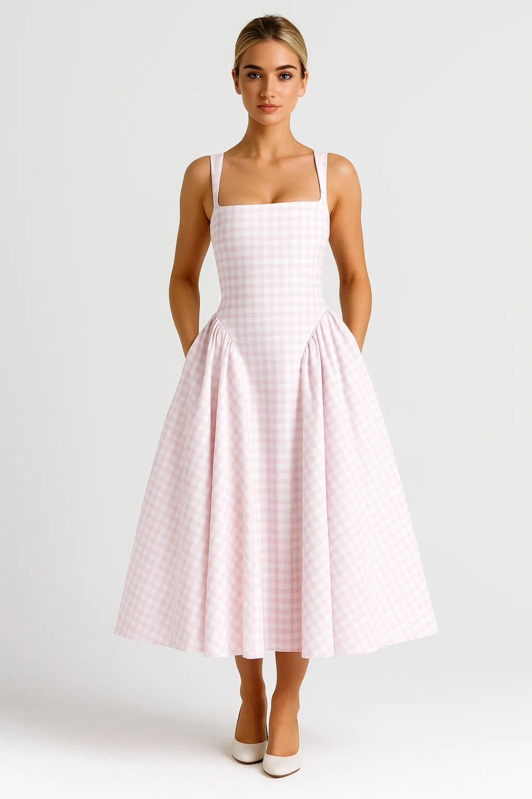 Checked Square-Neck Midi Dress – Occasion Gown for Weddings & Events