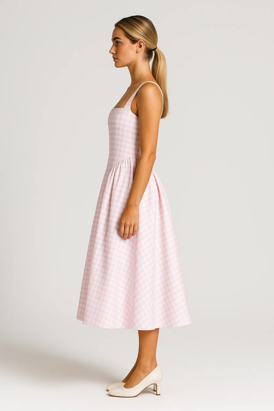 Checked Square-Neck Midi Dress – Occasion Gown for Weddings & Events