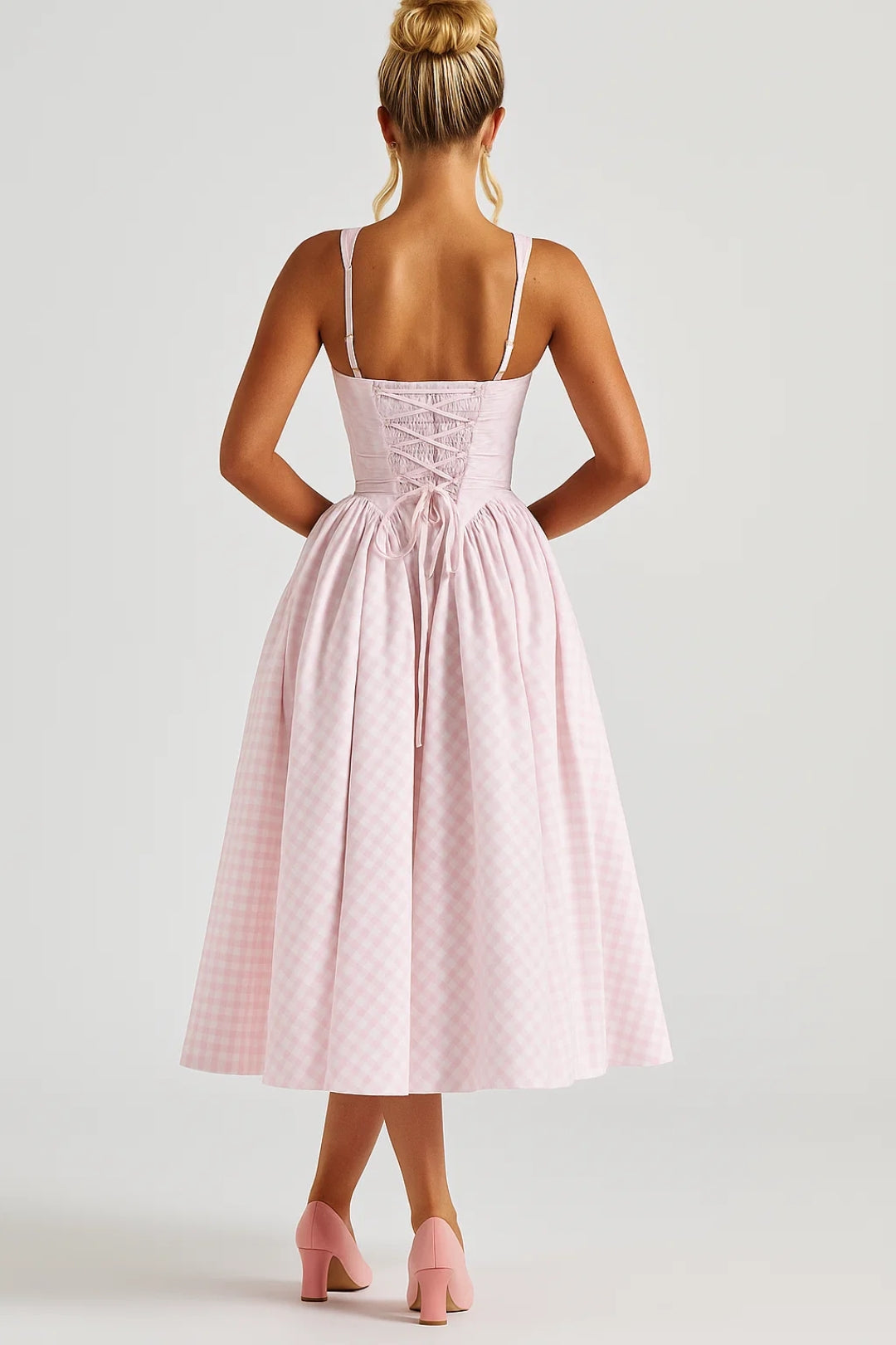 Checked Square-Neck Midi Dress – Occasion Gown for Weddings & Events