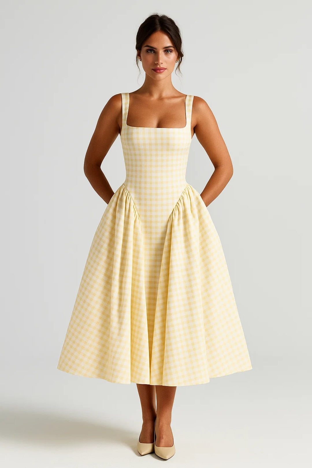 Checked Square-Neck Midi Dress – Occasion Gown for Weddings & Events