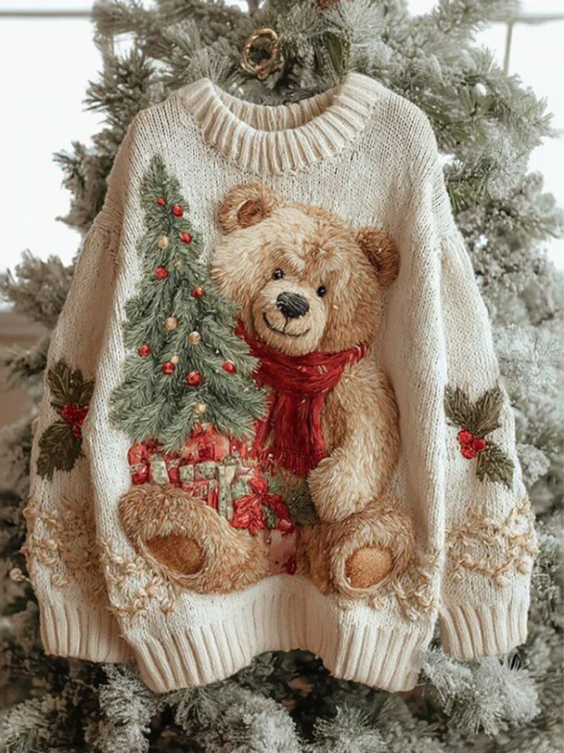 Festive Jumper with Bear and Tree Design – Christmas, Holiday Gift