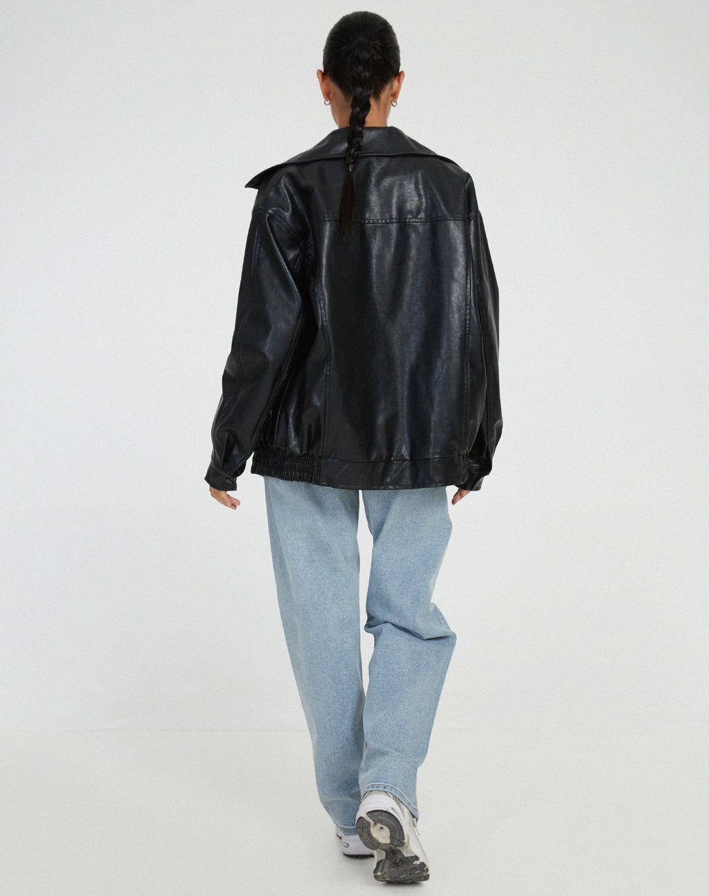 Oversized Faux Leather Bomber Jacket with Zip Front – Casual Wear, Everyday Style