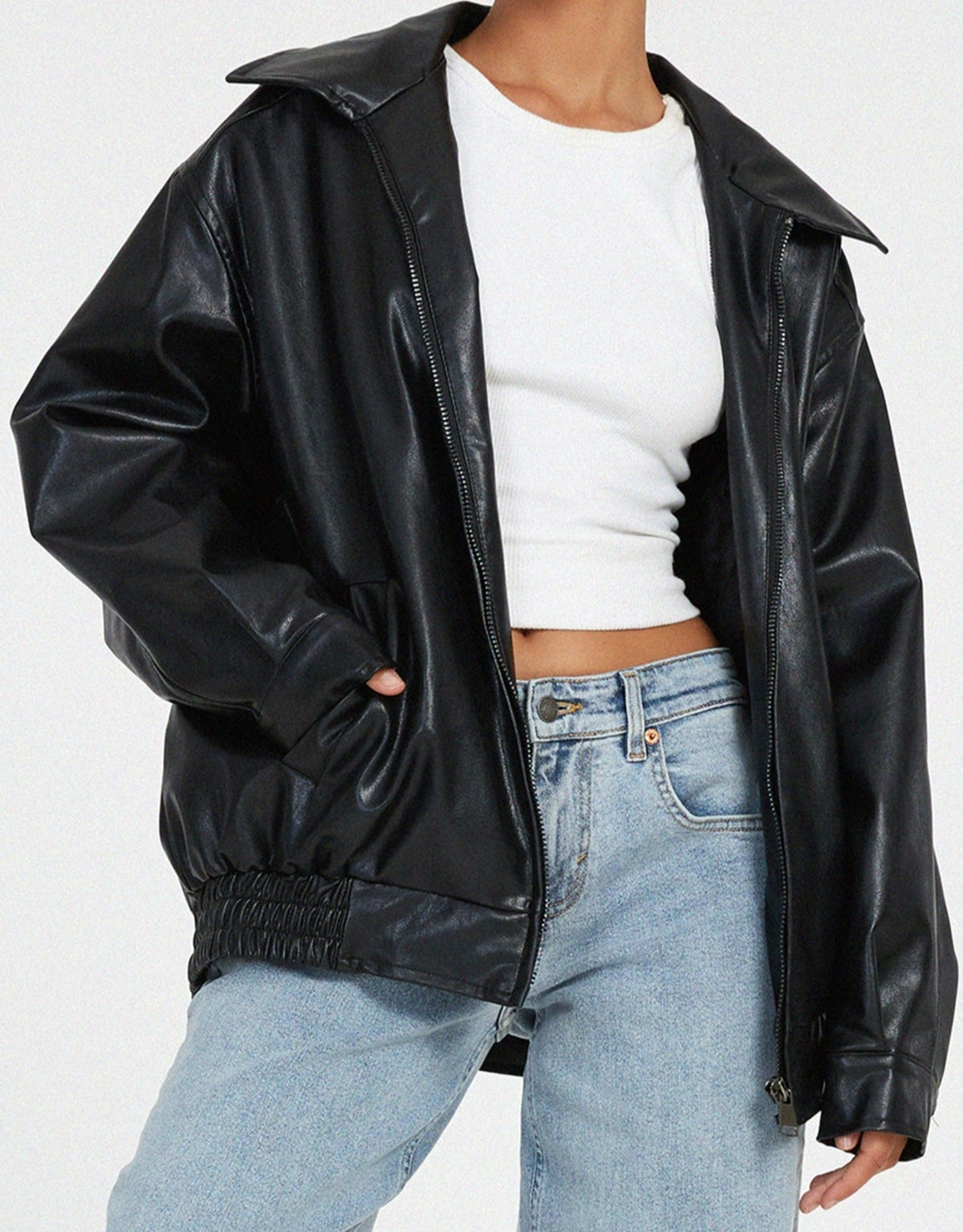 Oversized Faux Leather Bomber Jacket with Zip Front – Casual Wear, Everyday Style