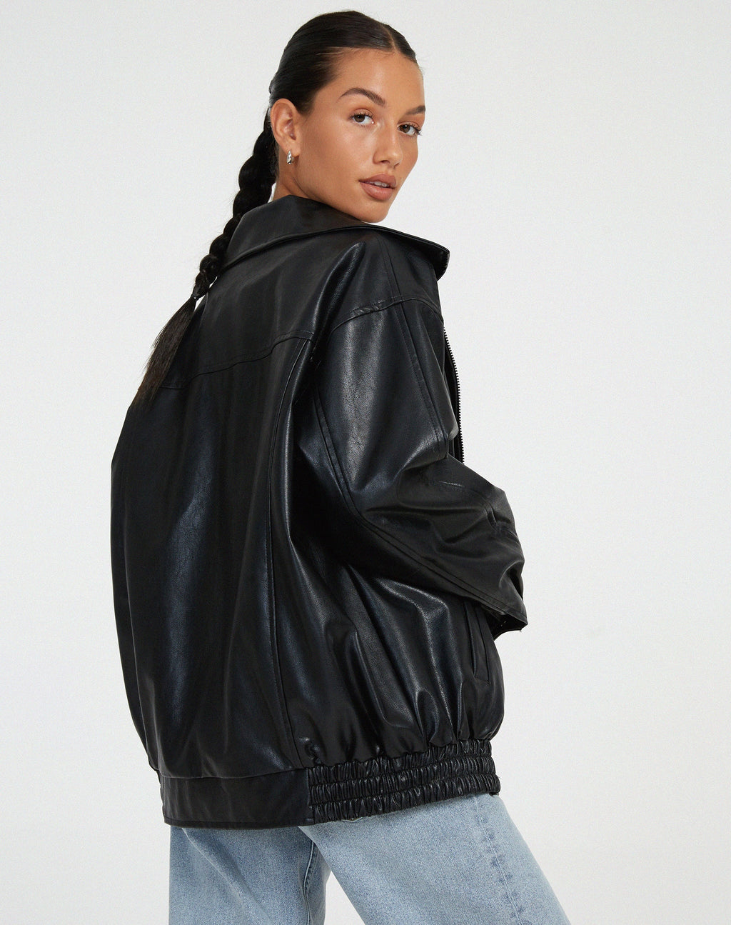 Oversized Faux Leather Bomber Jacket with Zip Front – Casual Wear, Everyday Style