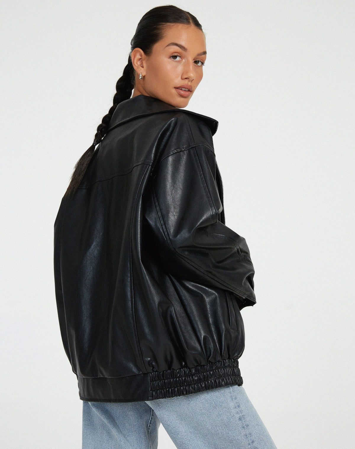 Oversized Faux Leather Bomber Jacket with Zip Front – Casual Wear, Everyday Style