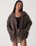 Oversized Faux Leather Bomber Jacket with Zip Front – Casual Wear, Everyday Style