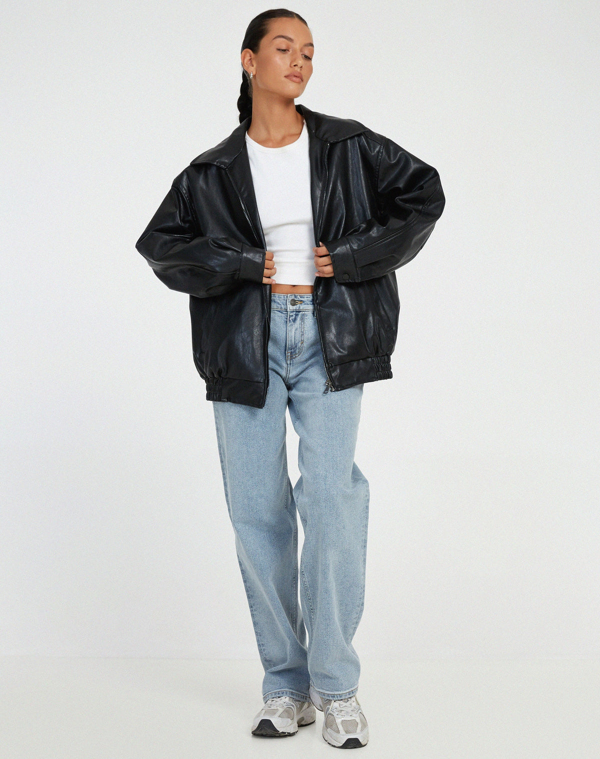 Oversized Faux Leather Bomber Jacket with Zip Front – Casual Wear, Everyday Style