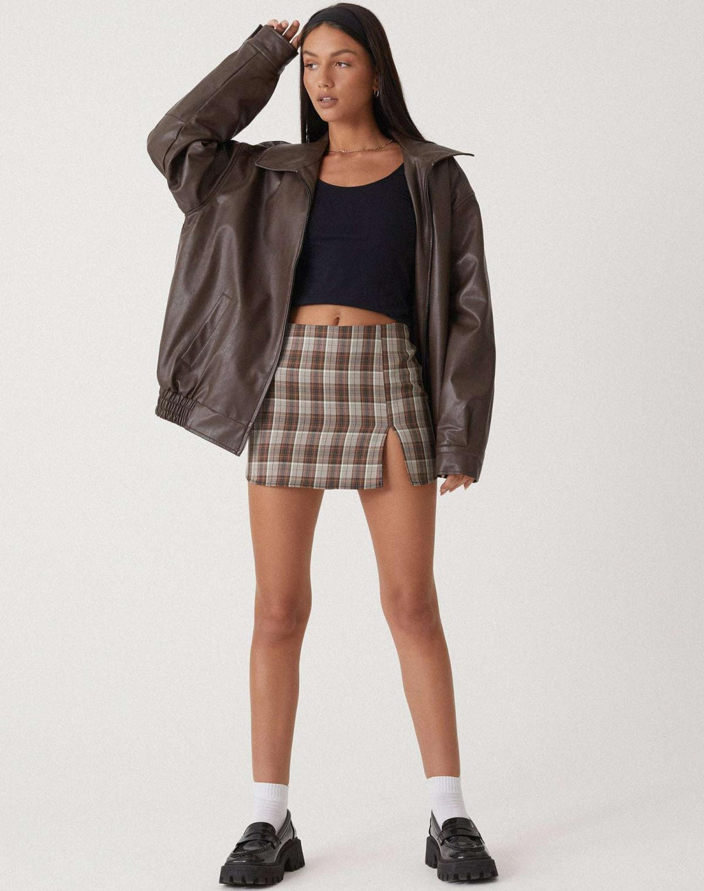 Oversized Faux Leather Bomber Jacket with Zip Front – Casual Wear, Everyday Style
