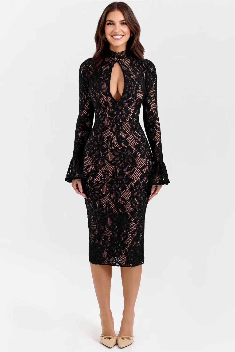 Knit Floral Midi Dress – Classic Fit, Occasion Gown for Weddings & Events