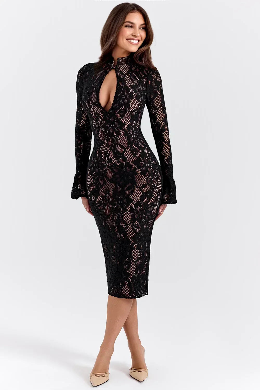 Knit Floral Midi Dress – Classic Fit, Occasion Gown for Weddings & Events