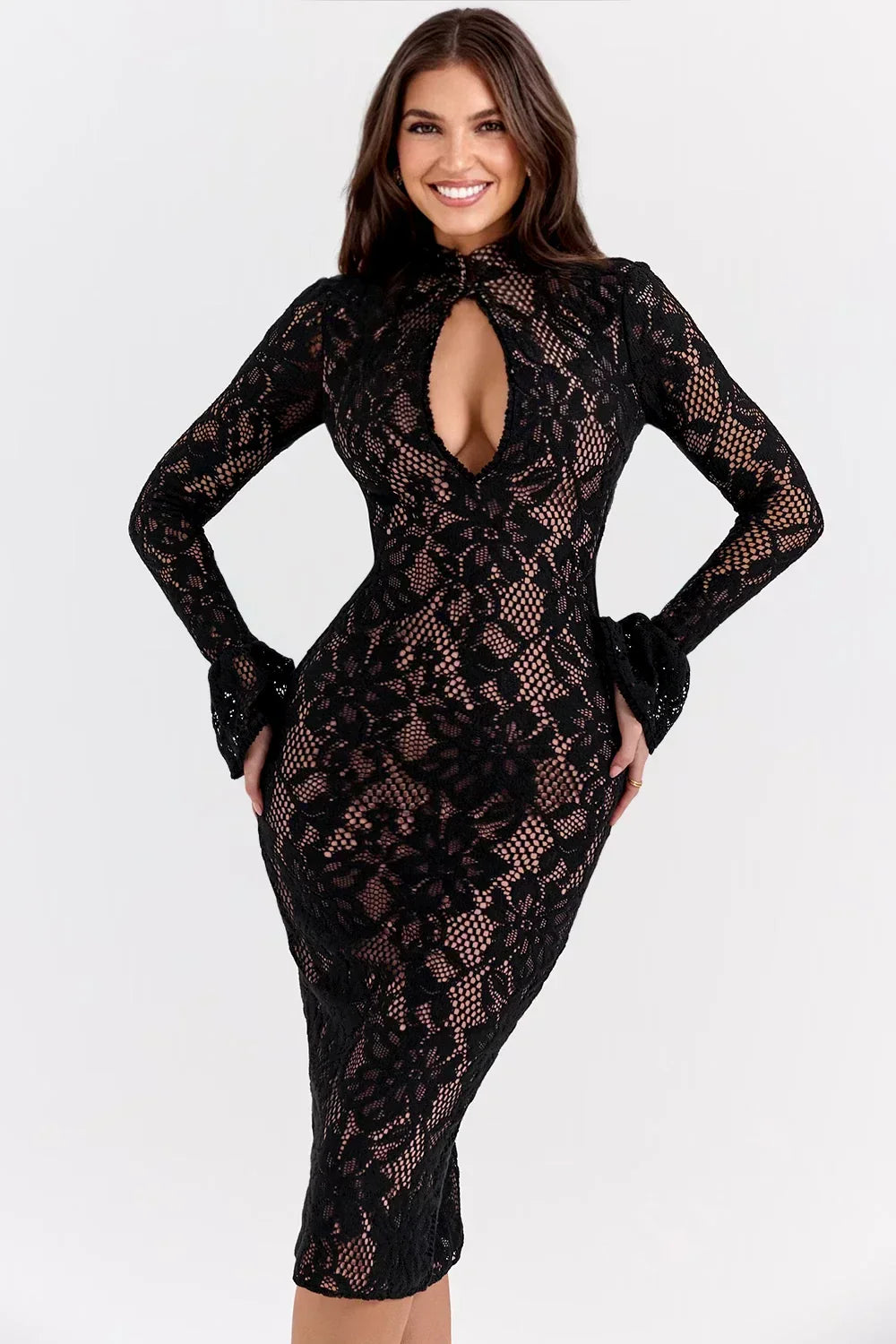 Knit Floral Midi Dress – Classic Fit, Occasion Gown for Weddings & Events