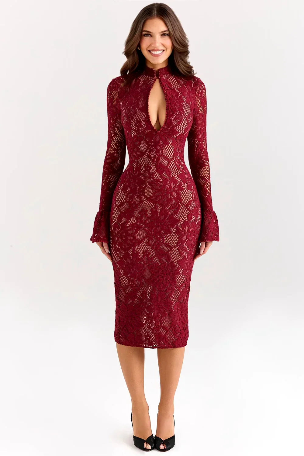 Knit Floral Midi Dress – Classic Fit, Occasion Gown for Weddings & Events