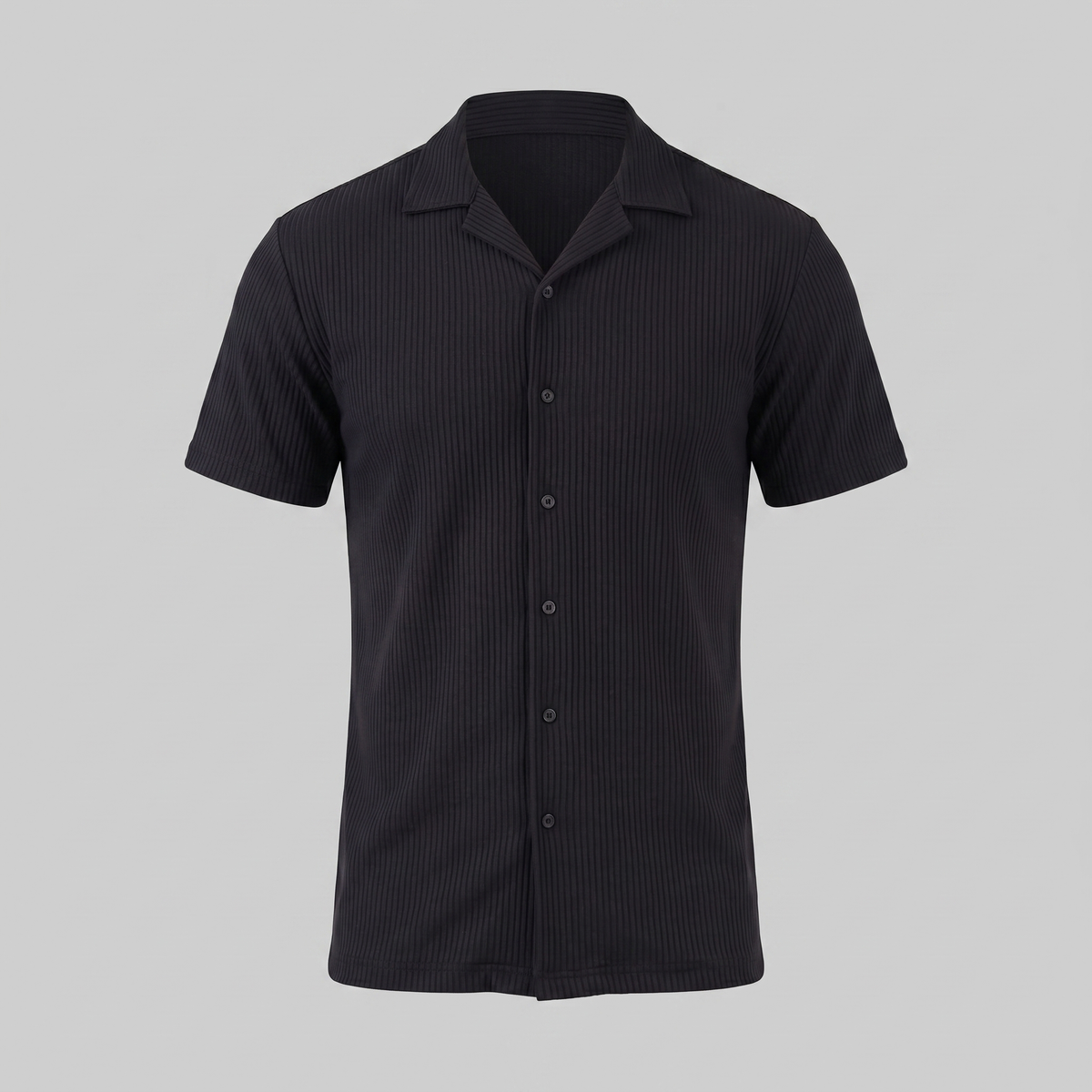 Ribbed Cuban Collar Shirt for Men - Casual Short Sleeve Cotton Top