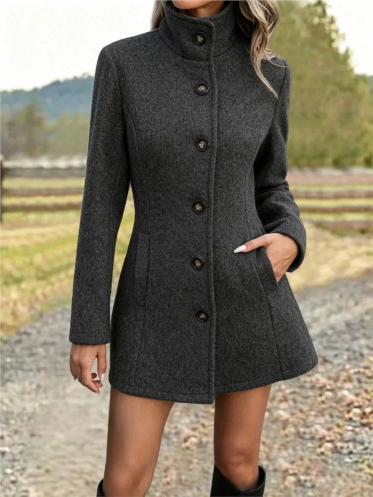Women's Long Wool Coat with Stand Collar – Stylish Outerwear, Casual Wear