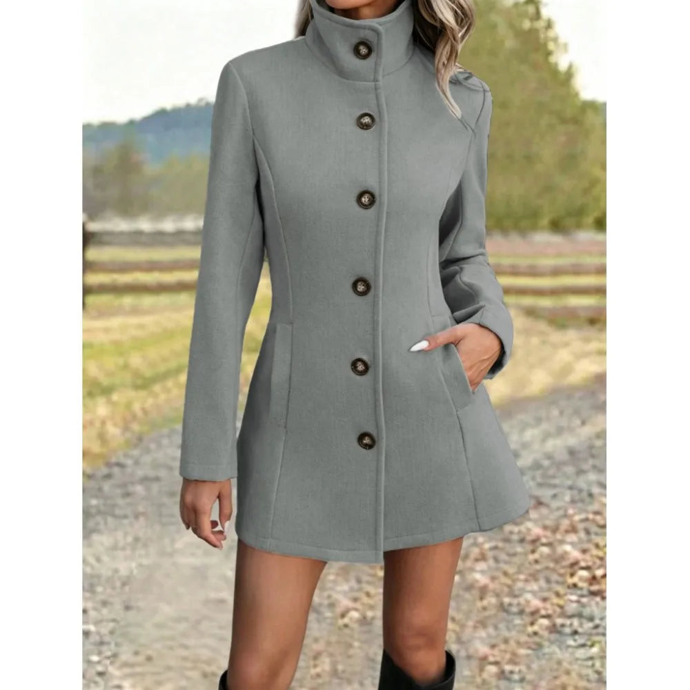 Women's Long Wool Coat with Stand Collar – Stylish Outerwear, Casual Wear