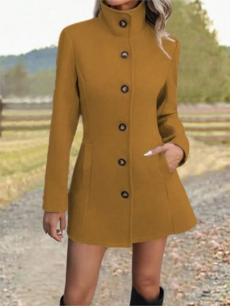 Women's Long Wool Coat with Stand Collar – Stylish Outerwear, Casual Wear
