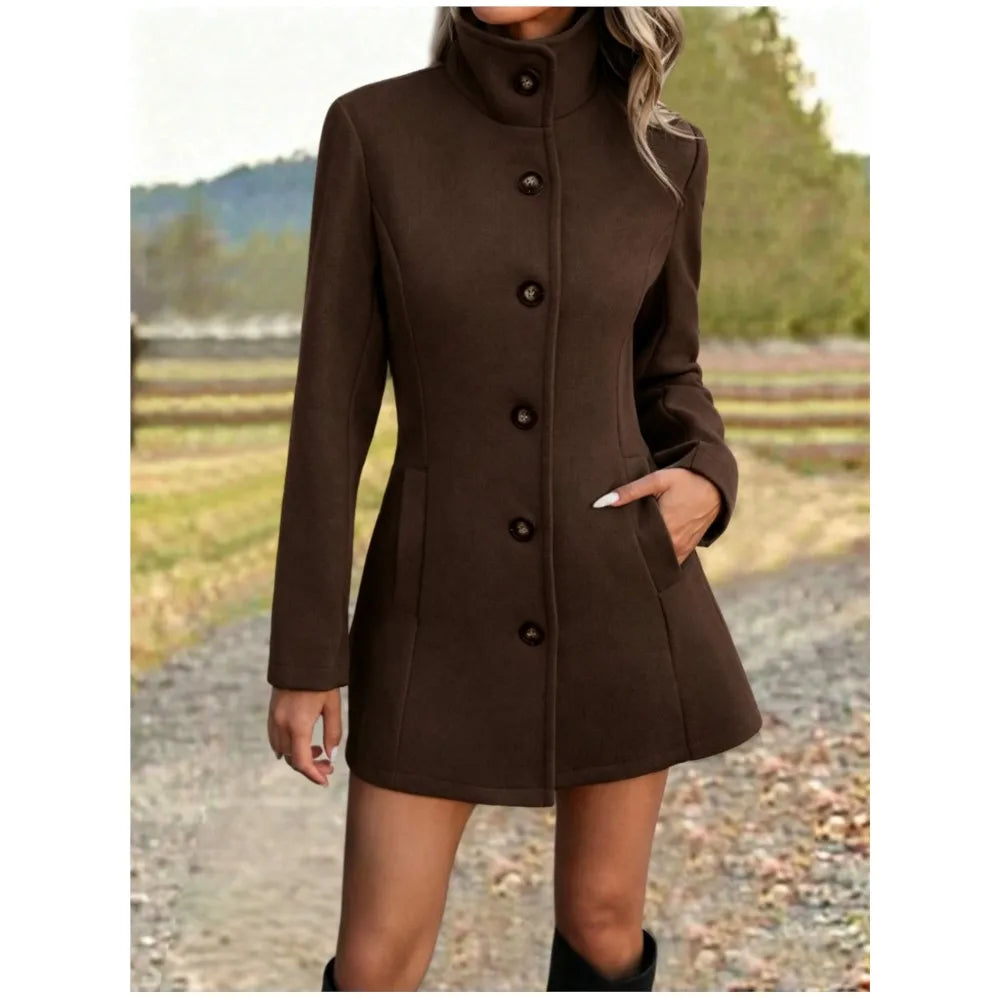 Women's Long Wool Coat with Stand Collar – Stylish Outerwear, Casual Wear