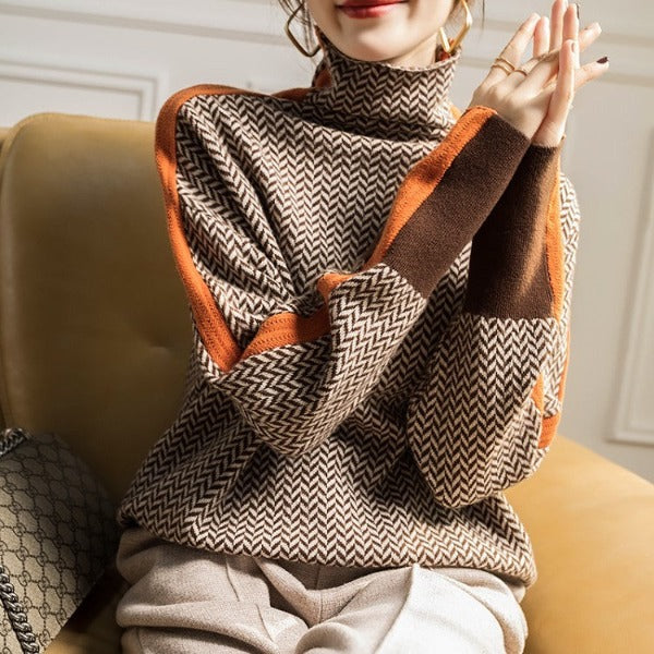 Houndstooth Turtleneck Jumper with Contrast Sleeves – Casual Wear, Stylish Layering