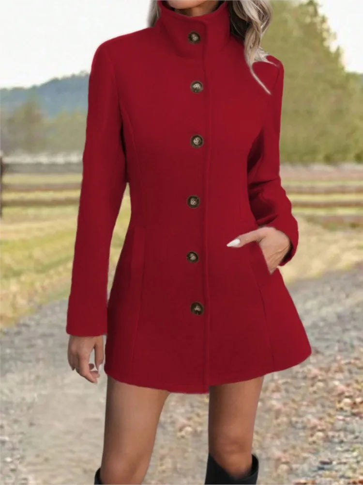 Women's Long Wool Coat with Stand Collar – Stylish Outerwear, Casual Wear