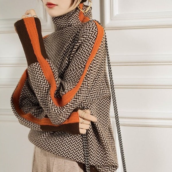 Houndstooth Turtleneck Jumper with Contrast Sleeves – Casual Wear, Stylish Layering