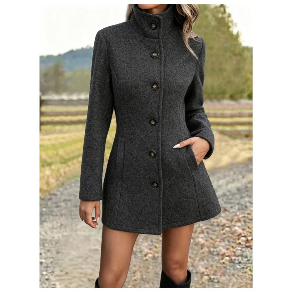 Women's Long Wool Coat with Stand Collar – Stylish Outerwear, Casual Wear