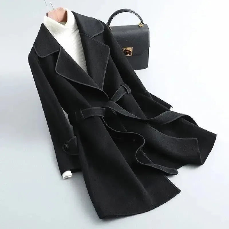 Coat with Belt and Lapel Collar – Casual, Office Wear