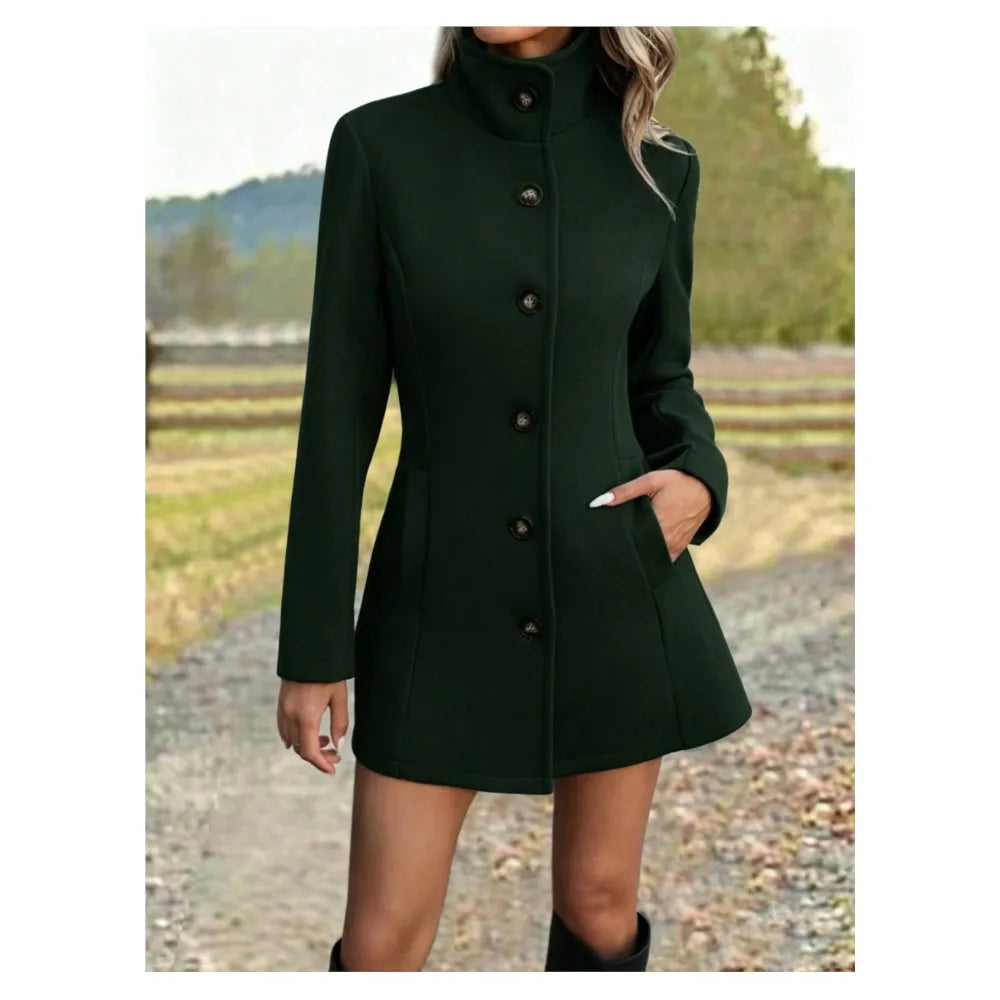 Women's Long Wool Coat with Stand Collar – Stylish Outerwear, Casual Wear
