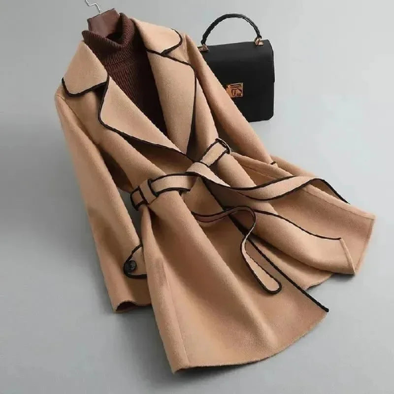 Coat with Belt and Lapel Collar – Casual, Office Wear