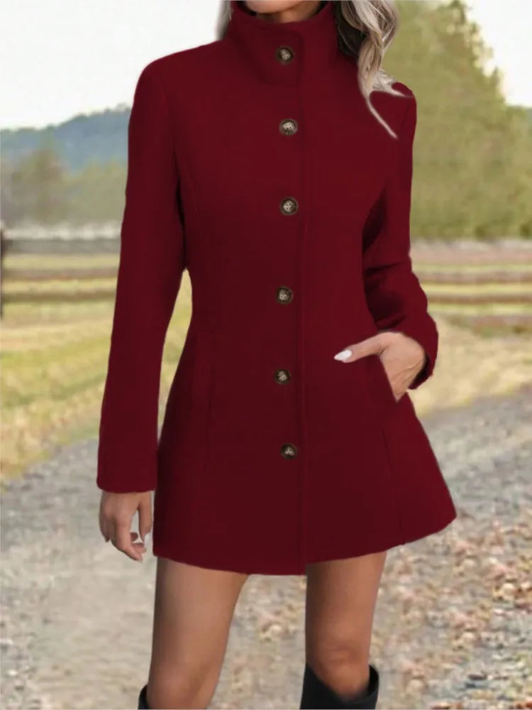 Women's Long Wool Coat with Stand Collar – Stylish Outerwear, Casual Wear