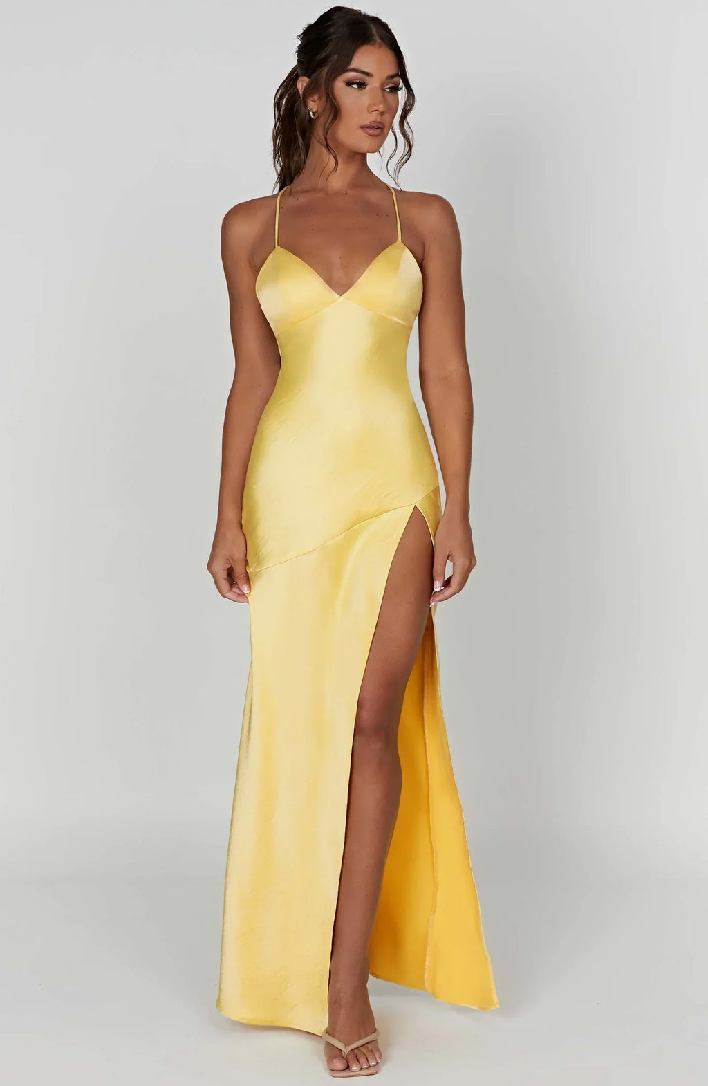 Satin Maxi Dress – V-Neck, Occasion Gown for Weddings & Events