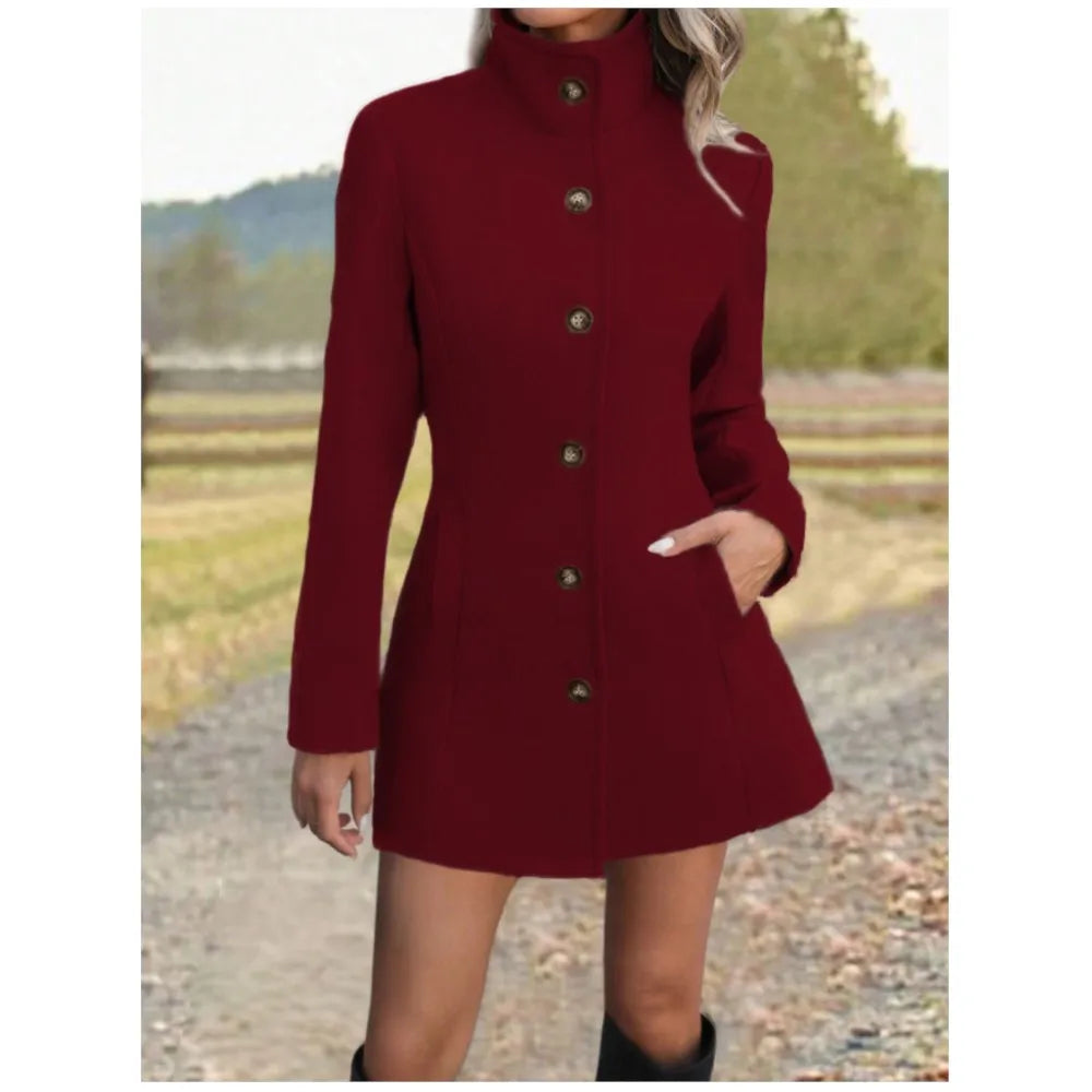 Women's Long Wool Coat with Stand Collar – Stylish Outerwear, Casual Wear