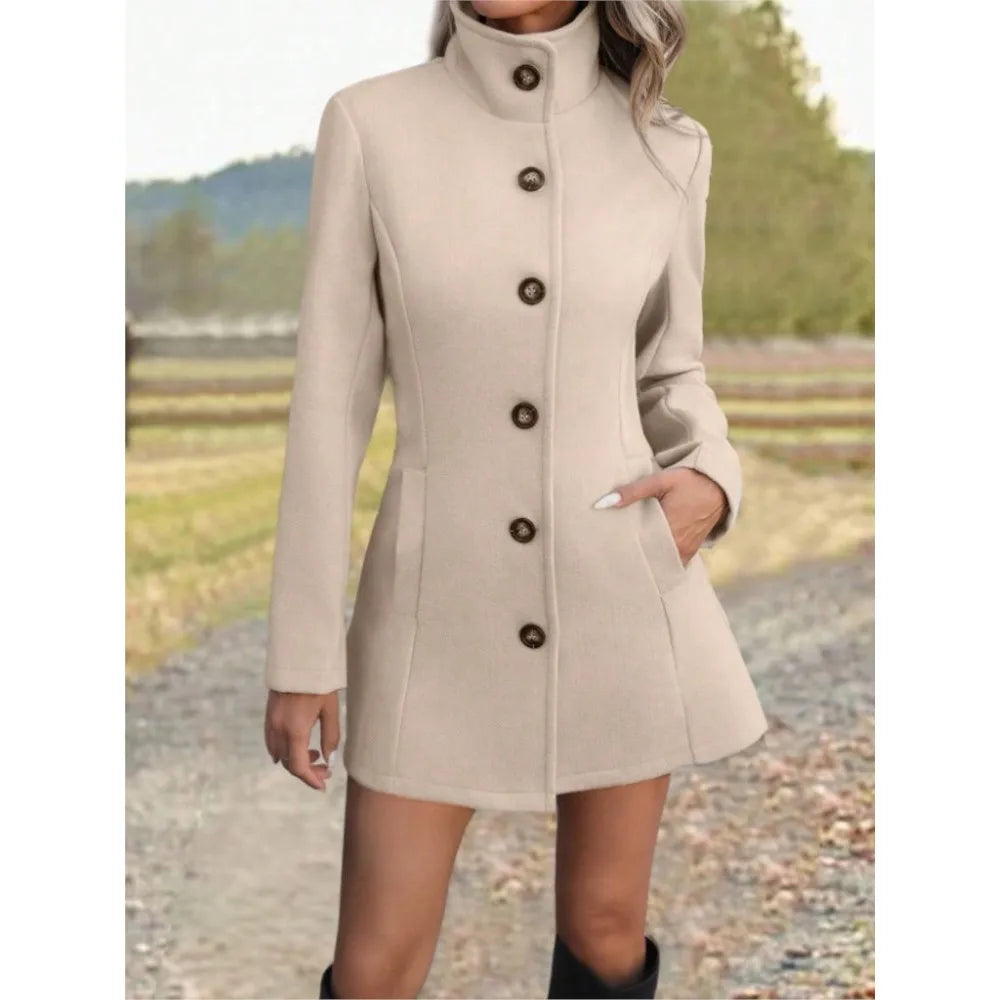 Women's Long Wool Coat with Stand Collar – Stylish Outerwear, Casual Wear