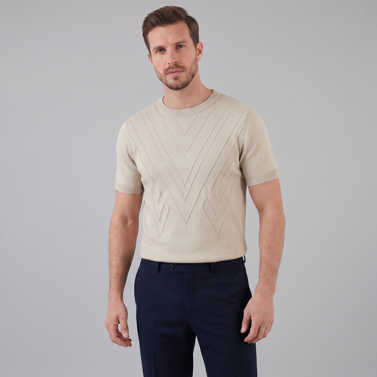 Textured Knit T-Shirt for Men - Casual Short Sleeve Top for Everyday Wear