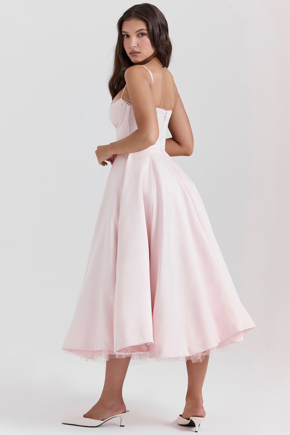 Soft Pink Satin Corset Midi Dress Women UK – Formal Occasion, Wedding Guest