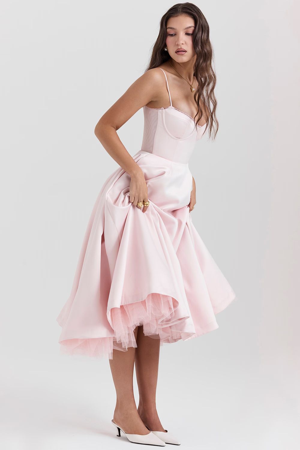 Soft Pink Satin Corset Midi Dress Women UK – Formal Occasion, Wedding Guest